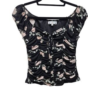 Ruched Floral Black‎ Top Pink White Roses Medium Poof New York Blouse Coquette